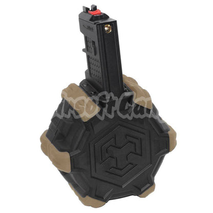 Airsoft Armorer Works AW Custom 350rd Gas Adaptive Drum Magazine for WE Open Bolt L85 / SCAR-L / R5C / T65 / HK416 / AR M4 M16 GBB Rifle Black/Tan