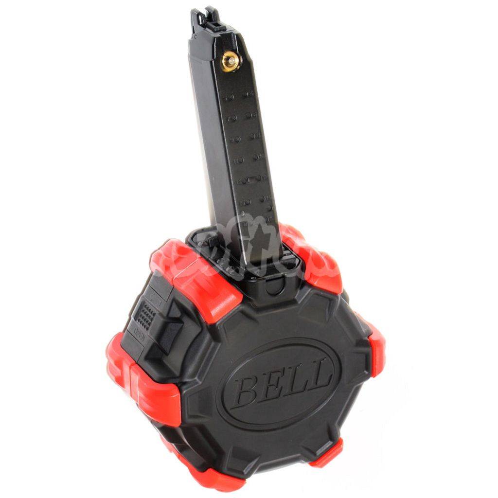 Airsoft BELL 350rd Gas Adaptive Drum Magazine for ISSC M22 / EMG SAI BLU / APS / ARMY / BELL / UMAREX / Elite force / VFC / AW / WE / Tokyo Marui G17 G18C G-Series GBB Pistols Black/Red