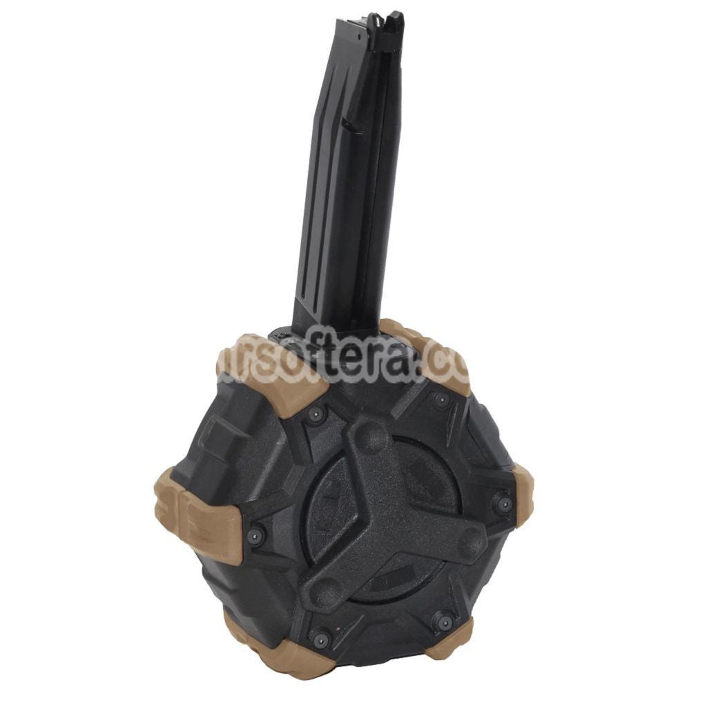 Airsoft WE 350rd Gas Drum Magazine for BELL / E&C / ARMY R501 R601 / KJ KP-05 / Zeon / EMG SAI / AW / WE / Tokyo Marui Hi-Capa GBB Pistol Black/Tan